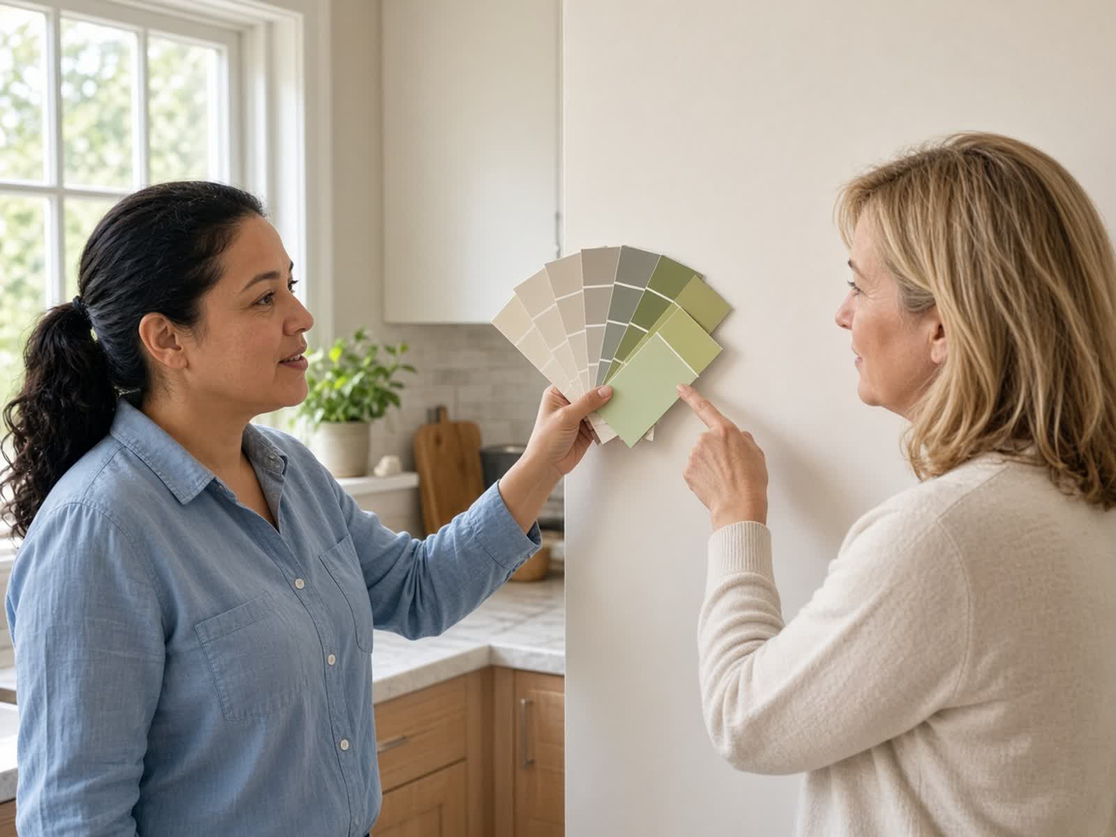 A painter holding color chips against a kitchen wall while a homeowner chooses a color.