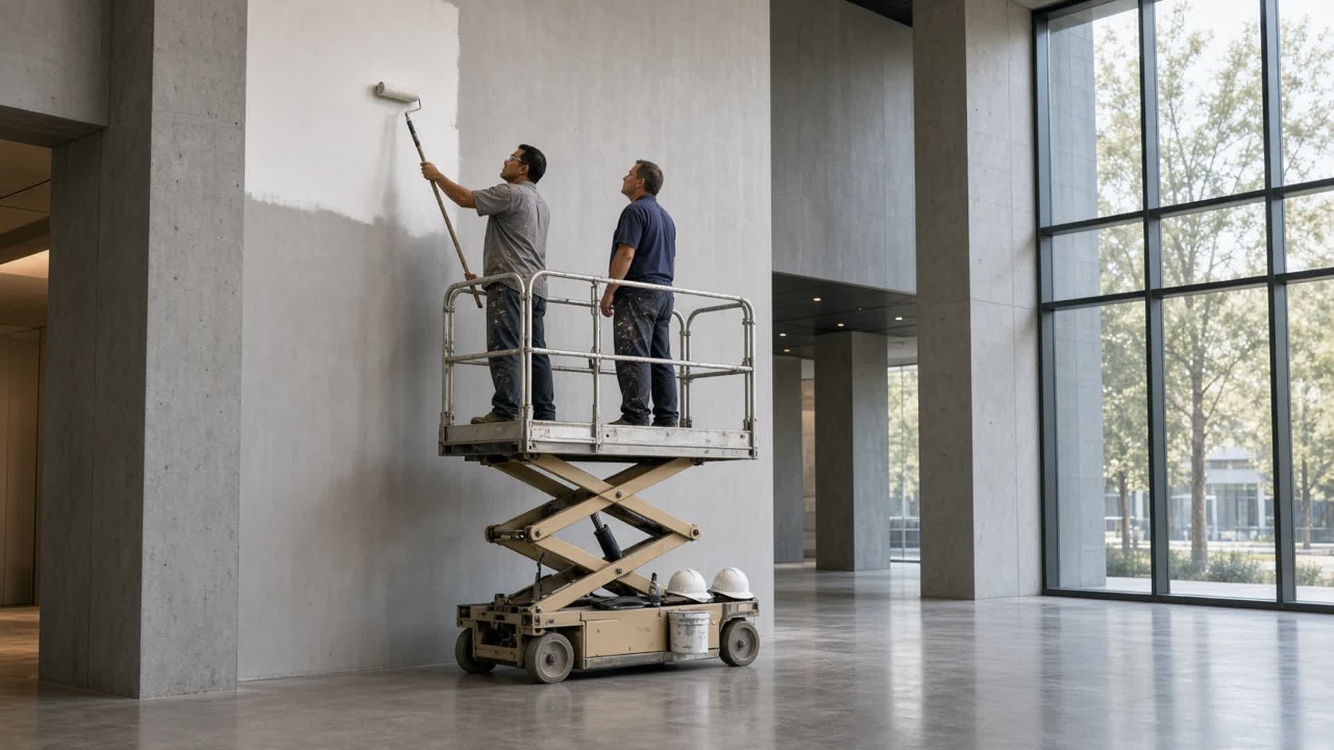 Two painters on a scissor lift rolling white paint on a tall wall inside a commercial lobby.