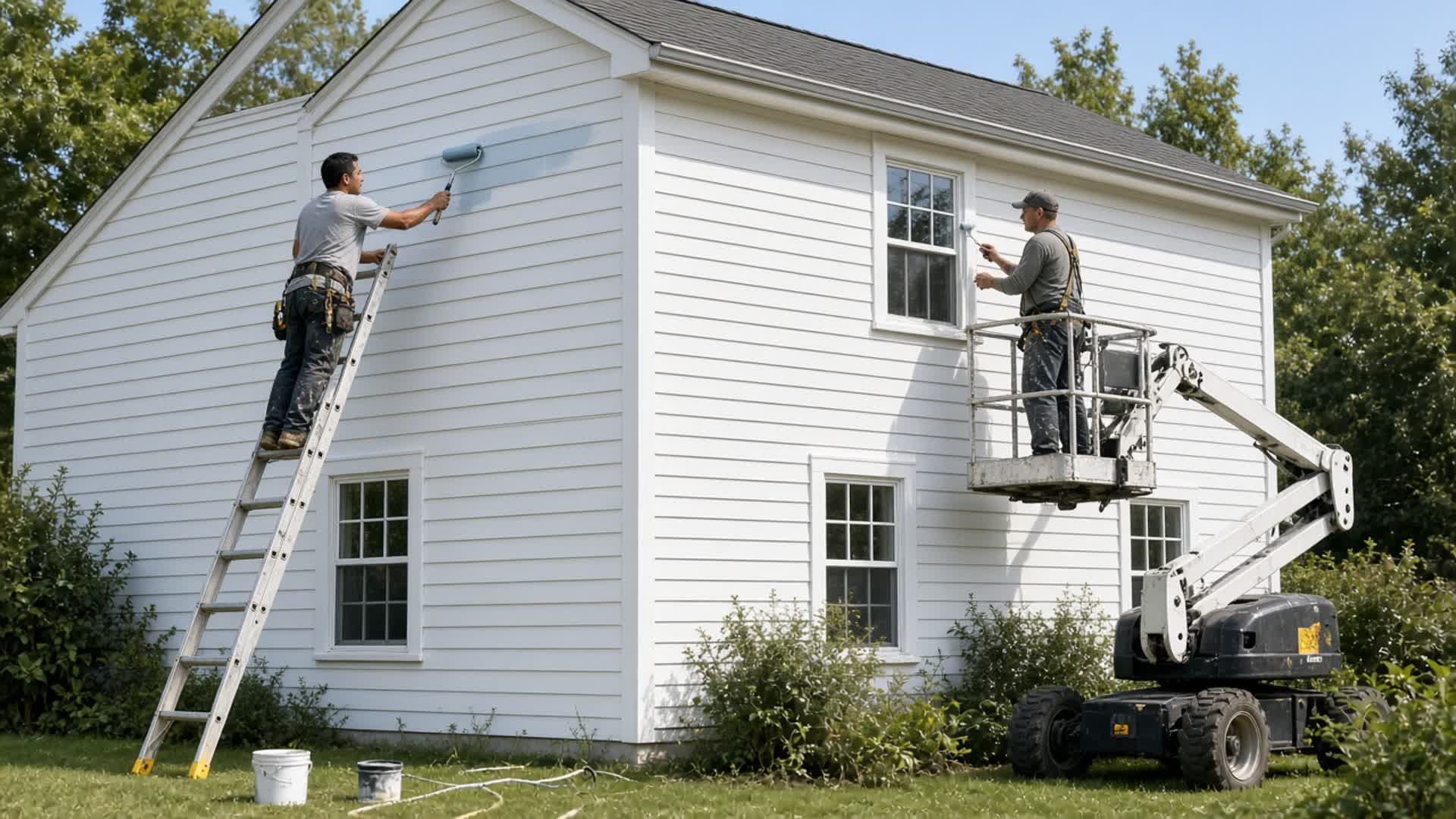 A painting crew at a two-story house. One painter rolls from an extension ladder and another works from a boom lift.