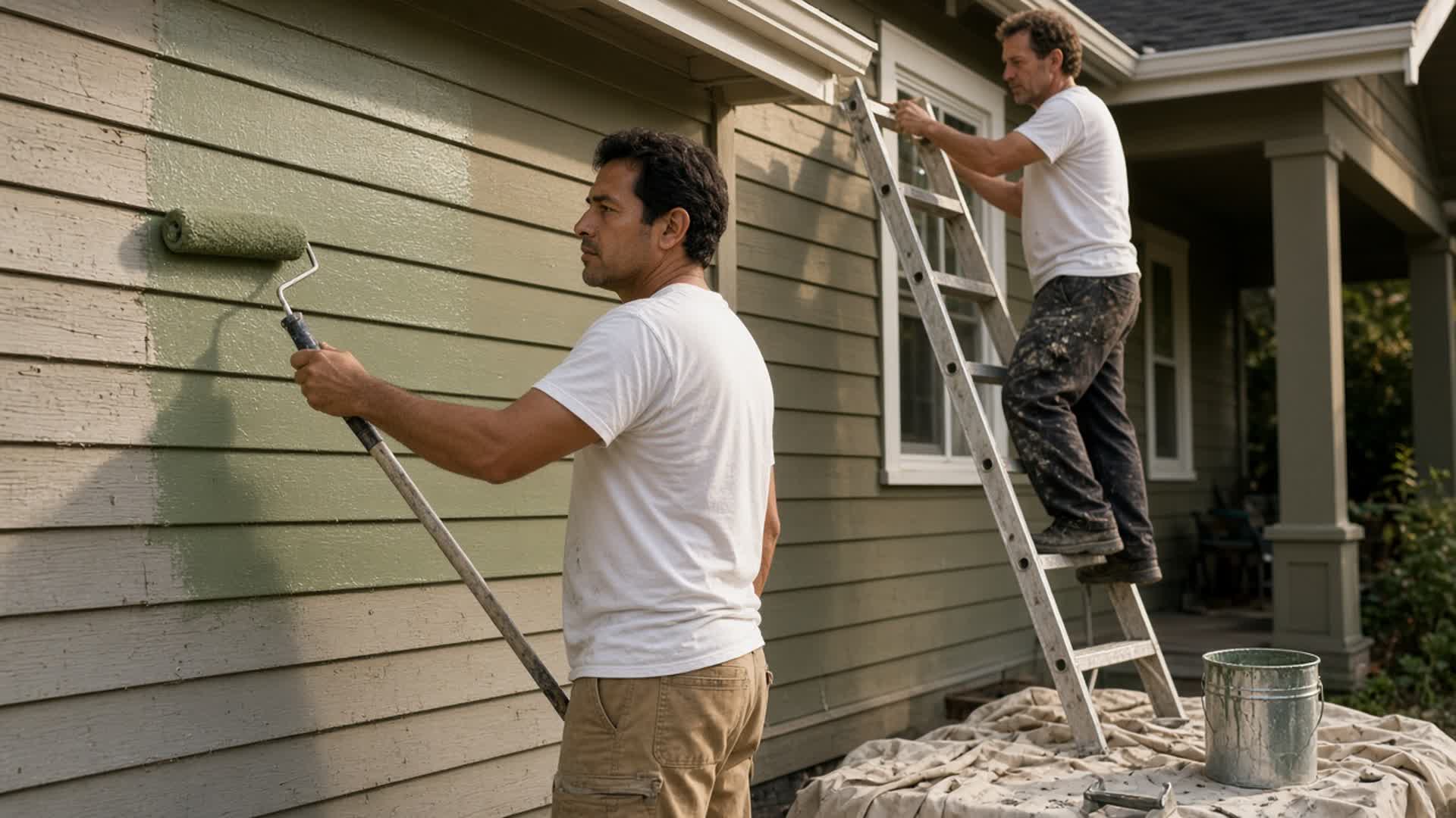 Two painters repainting the siding of a house. One rolls sage green paint while the other cuts trim from a ladder.