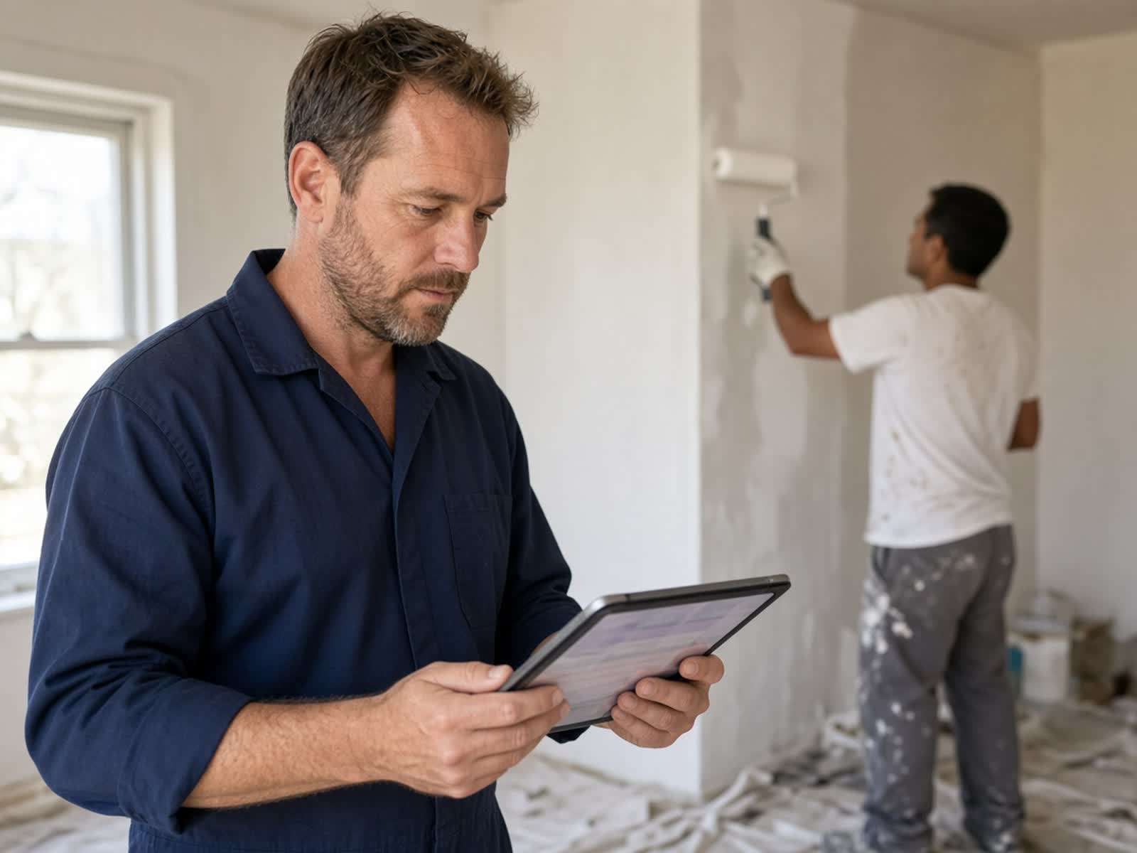 A job foreman reviewing a tablet on an interior job while a painter rolls a wall behind him.
