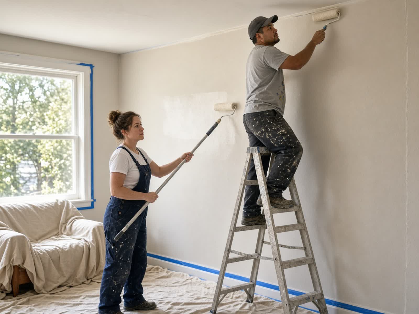 A painter rolling off-white paint on a living room wall while another painter cuts the ceiling line from a step ladder.