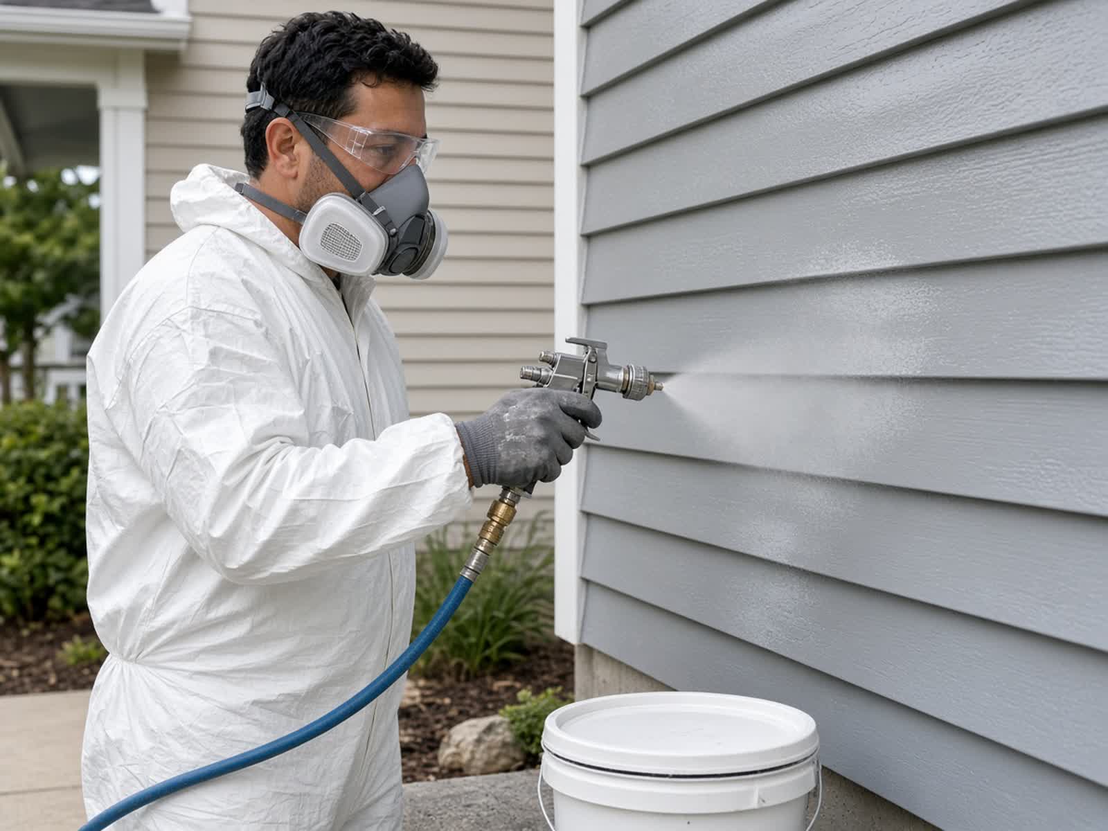 A painter in a respirator and coveralls spraying light gray paint onto the siding of a house.